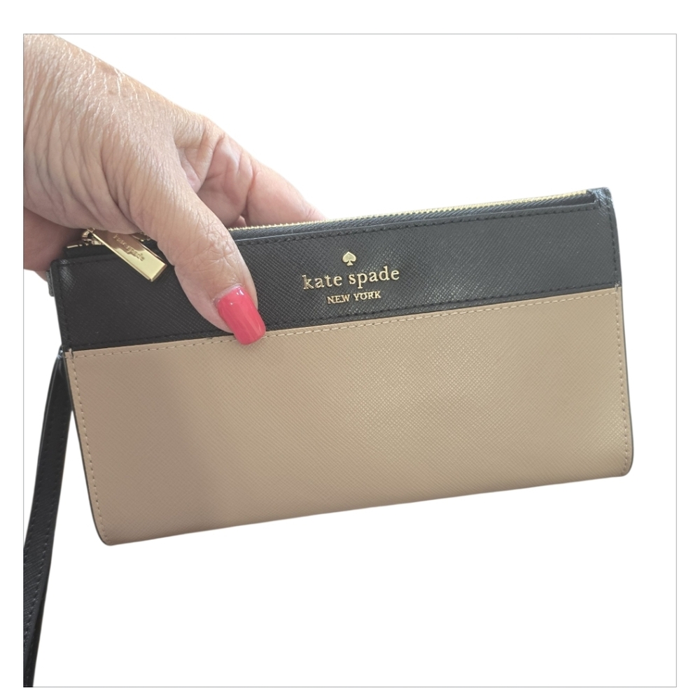 Kate Spade Double Zip Madison Wristlet Wallet Black Tan Colorblock *